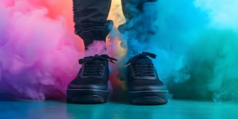 Wall Mural - Abstract multicolor smoke explosion background with black shoe Colorful sport design element. Concept Colorful Smoke, Abstract Background, Sport Design, Shoe, Explosion