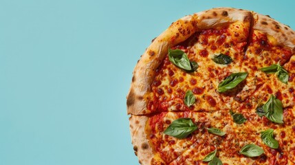 Wall Mural - Pizza with a green garnish on a blue backdrop