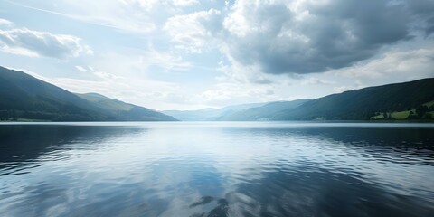 Wall Mural - Scenic Lake with Hills and Cloudy Sky A Perfect Spot for Text. Concept Landscape Photography, Nature Background, Cloudy Skies, Tranquil Lake Views, Scenic Hills