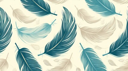 Wall Mural - Seamless Pattern of Blue and Beige Feathers, White Background