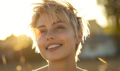 Wall Mural - Woman with short, spiky hair and a playful smile