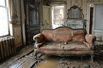 Poster - flooded damaged house, couch, sofa, water leaks or burst plumbing water pipe. living room full of water, storm or climate change therefore flooding due to heavy rain