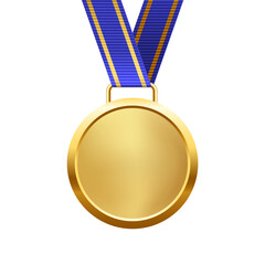 Wall Mural - gold medal with blue ribbon and laurel wreath vector illustration. realistic isolated trophy medal w