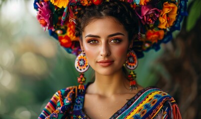 Wall Mural - Woman with traditional Mexican dress, looking festive