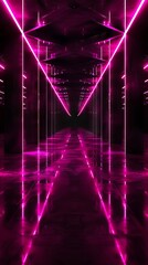 Wall Mural - A dark hallway with pink lights and reflections.