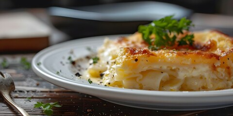 Canvas Print - Gratin Dauphinois on white plate elegant presentation. Concept Food Photography, Elegant Plating, French Cuisine, Gratin Dauphinois, Food Styling