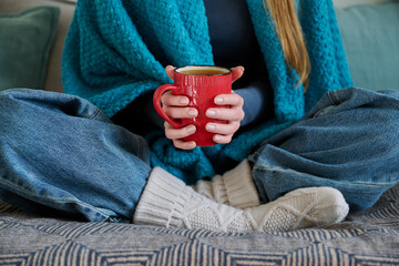 Wall Mural - Close-up of young woman hands holding winter mug with hot drink