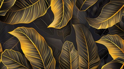 Wall Mural - A delicate and elegant pattern of golden leaves on a dark background creates a striking visual with sophisticated, luxurious, and richly detailed organic design elements.