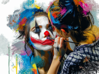 Sticker - Two women are painting each other's faces with clown makeup. Scene is playful and fun