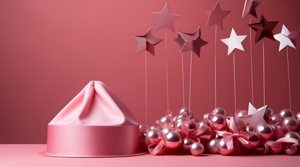Wall Mural - A red birthday party streamer and a silver party cap with stars isolated on a solid pink background
