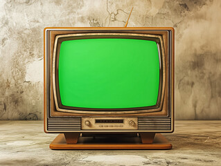 A green screen television is sitting on a wooden stand