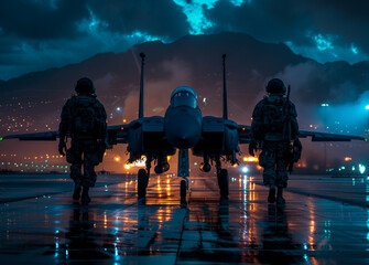 Wall Mural - Two soldiers are walking towards a jet on a runway. The scene is dark and the sky is cloudy