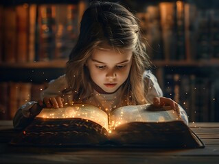 Poster - Curious Child Exploring a Book of Secrets in a Magical Library Setting