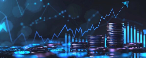 Poster - Financial Growth and Prosperity: Stacks of Coins and Upward Trend Lines