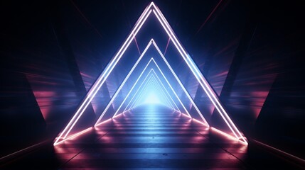 This image illustrates a series of glowing neon triangle structures forming a futuristic pathway, featuring vibrant hues of blue and pink under a dark backdrop.