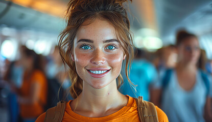 Wall Mural - A woman with blue eyes and red hair is smiling at the camera. She is wearing an orange shirt and a backpack