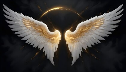 A pair of large, isolated white angel wings with a glowing gold halo floating in a background