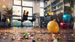 © Fitriyani - office confetti Year Cleaning floor New party after aftermath air background balloon care celebration chaos christmas cleaner container corporate december decor dirty enjoyment event.