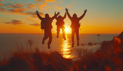 Wall Mural - Three people are jumping in the air in front of a beautiful sunset. Scene is joyful and adventurous