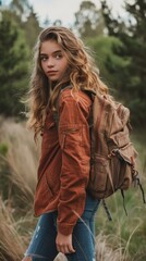 Wall Mural - American teen girl with a backpack, looking ready