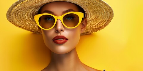 Sticker - a woman wearing a straw hat and yellow sunglasses