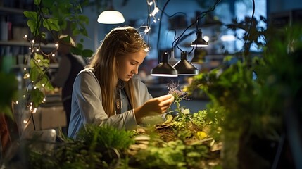 Wall Mural - A student engaged in an environmental science project, surrounded by plants and scientific tools,