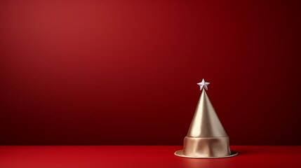 Wall Mural - A silver birthday party streamer and a golden party cap isolated on a solid red background