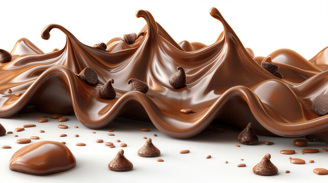 3D rendering of waves and splashes of brown melted chocolate isolated on white background