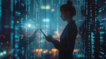 Poster - Businessperson Analyzing Financial Data on Tablet in Futuristic Office with Sleek Design