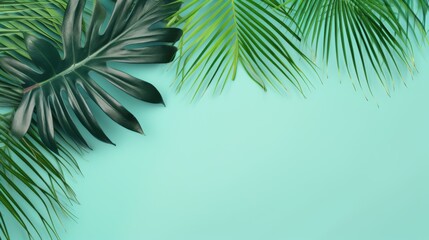 Various tropical leaves spread out on a vibrant turquoise background, creating a refreshing and invigorating visual contrast ideal for contemporary designs.