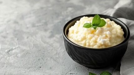 Wall Mural - Creamy rice pudding in black bowl with mint garnish