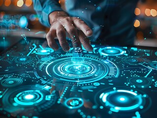 Poster - Businessperson Interacting with Futuristic Touch Screen Interface Depicting Innovation and Technology