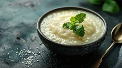 Creamy rice pudding garnished with fresh mint leaves in dark bowl