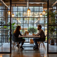 Poster - Businesspeople discussing in a vibrant and modern collaborative workspace with colleagues