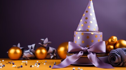 Wall Mural - A silver birthday party streamer and a golden party cap with polka dots isolated on a solid purple background