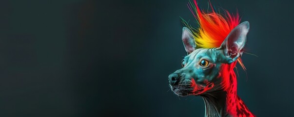 Wall Mural - Portrait of a Chinese Crested dog sporting a vibrant punk mohawk on a dark background. Ideal for edgy and alternative-themed projects. Free copy space for text.