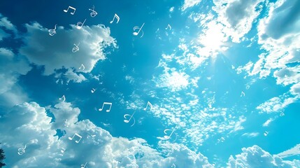 Poster - Whimsical Music Notes Floating Amidst Bright Blue Clouds and Sky
