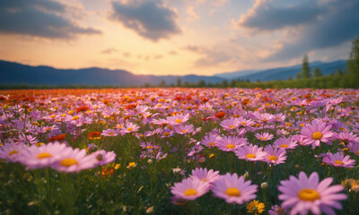 Move on to a picture of a field of colorful Daisies, with rows of these elegant flowers stretching as far as the eye can see. 