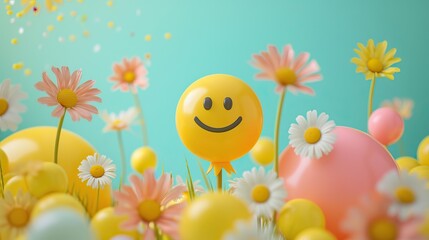 Wall Mural - A cheerful scene with a yellow smiley face balloon surrounded by colorful daisies and other balloons against a light blue background.