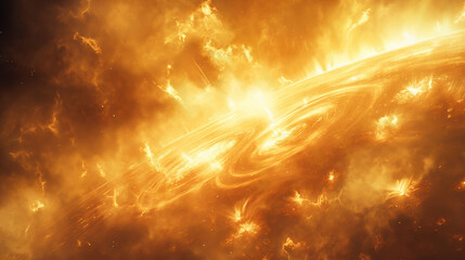 Wall Mural - Close-up image of the sun's flaming surface, resembling a distant galaxy, planet or nebula, showing intense solar flares and glare, or global warming.