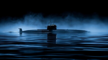 Wall Mural - Photo of an underwater submarine emerging from the ocean, showcasing its sleek design and stealthy silhouette. dark blue background, ultra realistic photo, high quality details 