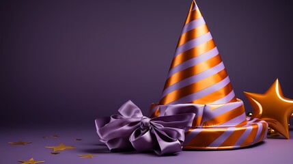 Wall Mural - A silver birthday party streamer and a golden party cap with stripes isolated on a solid purple background