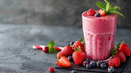 Close up of a delicious strawberry, blueberry, and raspberry smoothie with fresh fruit and mint. Healthy summer snack or breakfast.