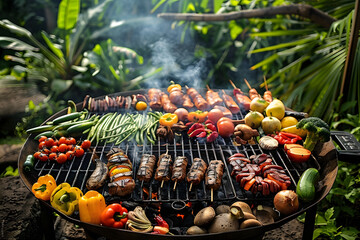 Poster - A grill is full of food including meat, vegetables, and fruit