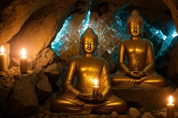 Buddha statue meditation underground crystal cave Buddhism inner light