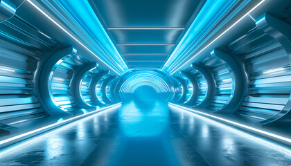 Futuristic teleport station in blue interior.