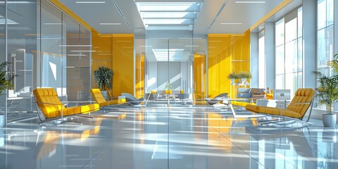 Wall Mural - Modern Office Space with Yellow Accents and Floor-to-Ceiling Windows