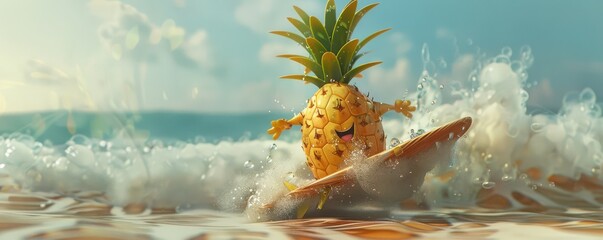 Wall Mural - A cheerful pineapple character surfing on a sunny beach, capturing a playful and fun summer vibe with vibrant colors. Free copy space for text.