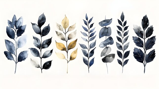 Sleek Monochromatic Watercolor Leaf Set with Pops of Bright Color on Minimal White Background
