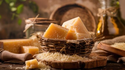 Wall Mural - Tasty parmesan cheese in basket.